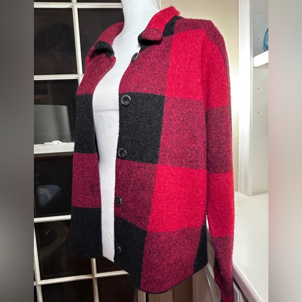 J.Jill Buffalo Red Black Cardigan Wool Blend Soft Jacket Large Petite